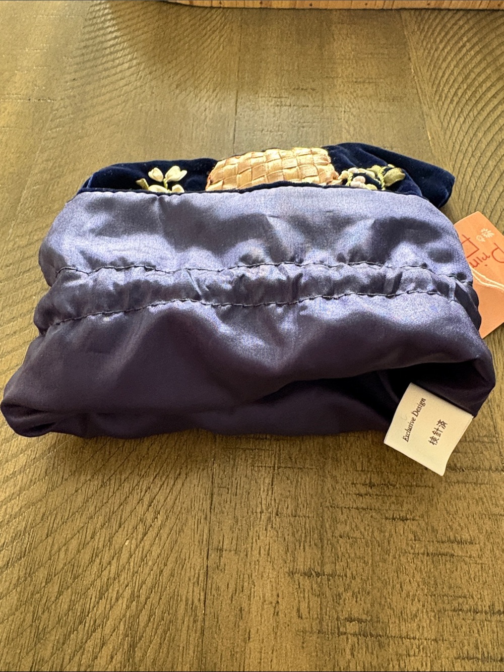 Navy Velvet Drawstring Cosmetic Pouch with Embroidered Floral Basket - Picture 3 of 5